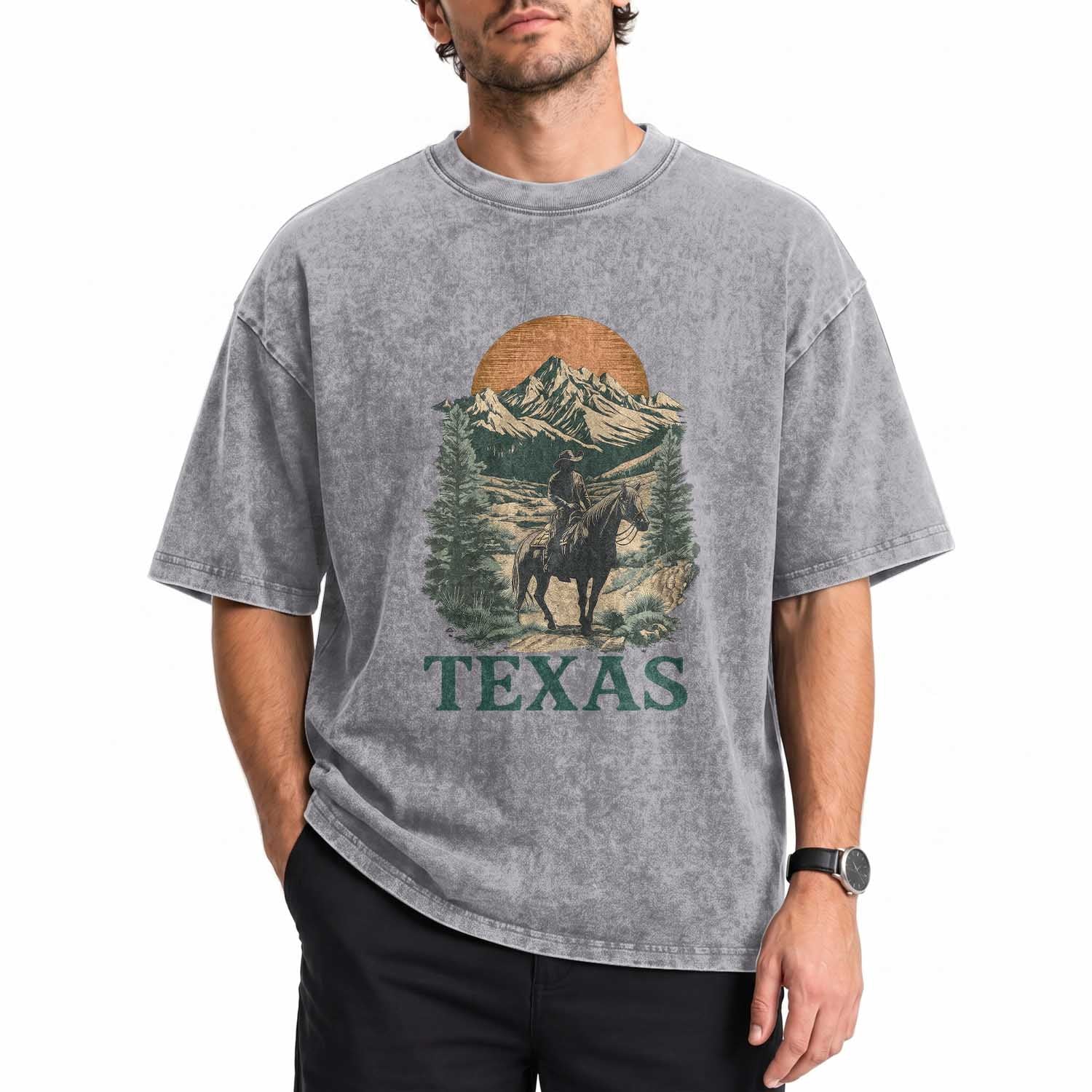 Texas Western Cowboy Life Washed Cotton T-Shirt Vintage Horse Riding Graphic