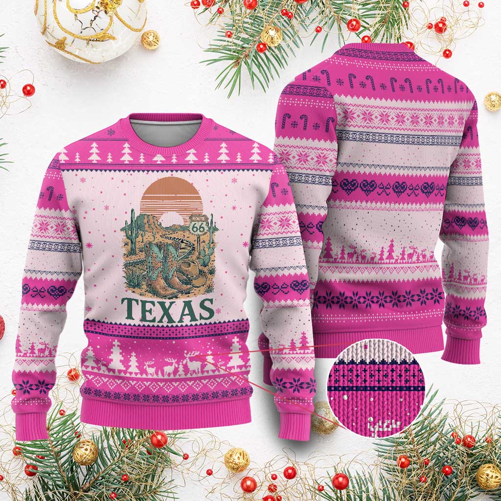 Vintage Route Highway 66 Texas Ugly Christmas Sweater Amarillo Road Trip Adventure TS12 Hot Pink Print Your Wear