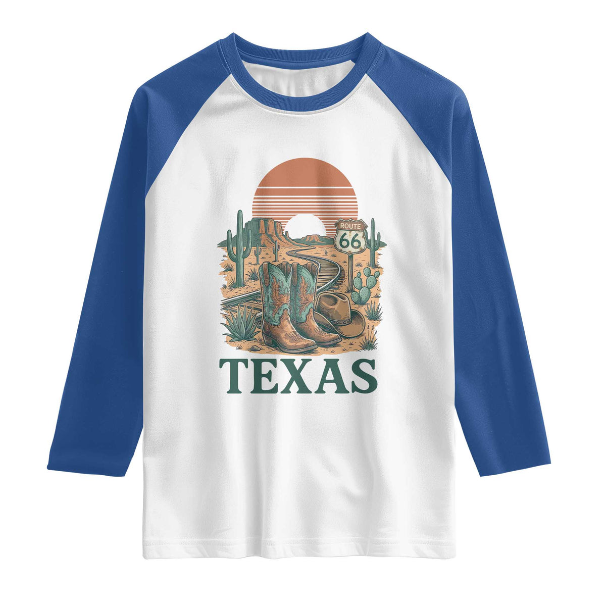 Vintage Route Highway 66 Texas Raglan Shirt Amarillo Road Trip Adventure TS12 White Royal Print Your Wear