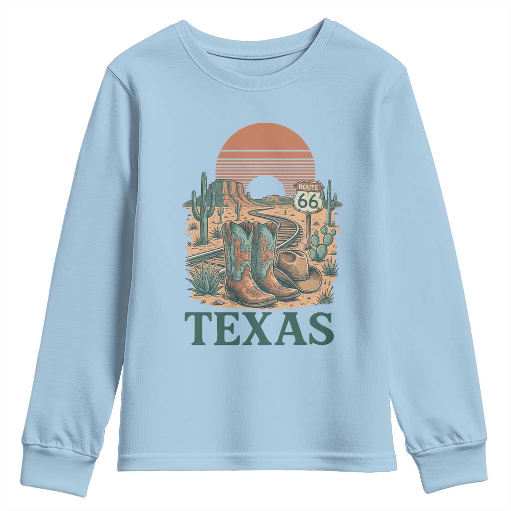 Vintage Route Highway 66 Texas Youth Sweatshirt Amarillo Road Trip Adventure TS12 Light Blue Print Your Wear