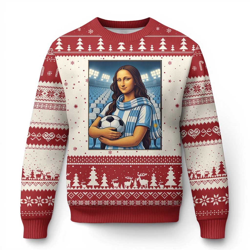 Funny Argentina Soccer Mona Lisa Ugly Christmas Sweater Football Fan Pride Graphic TS12 Beige Red Print Your Wear