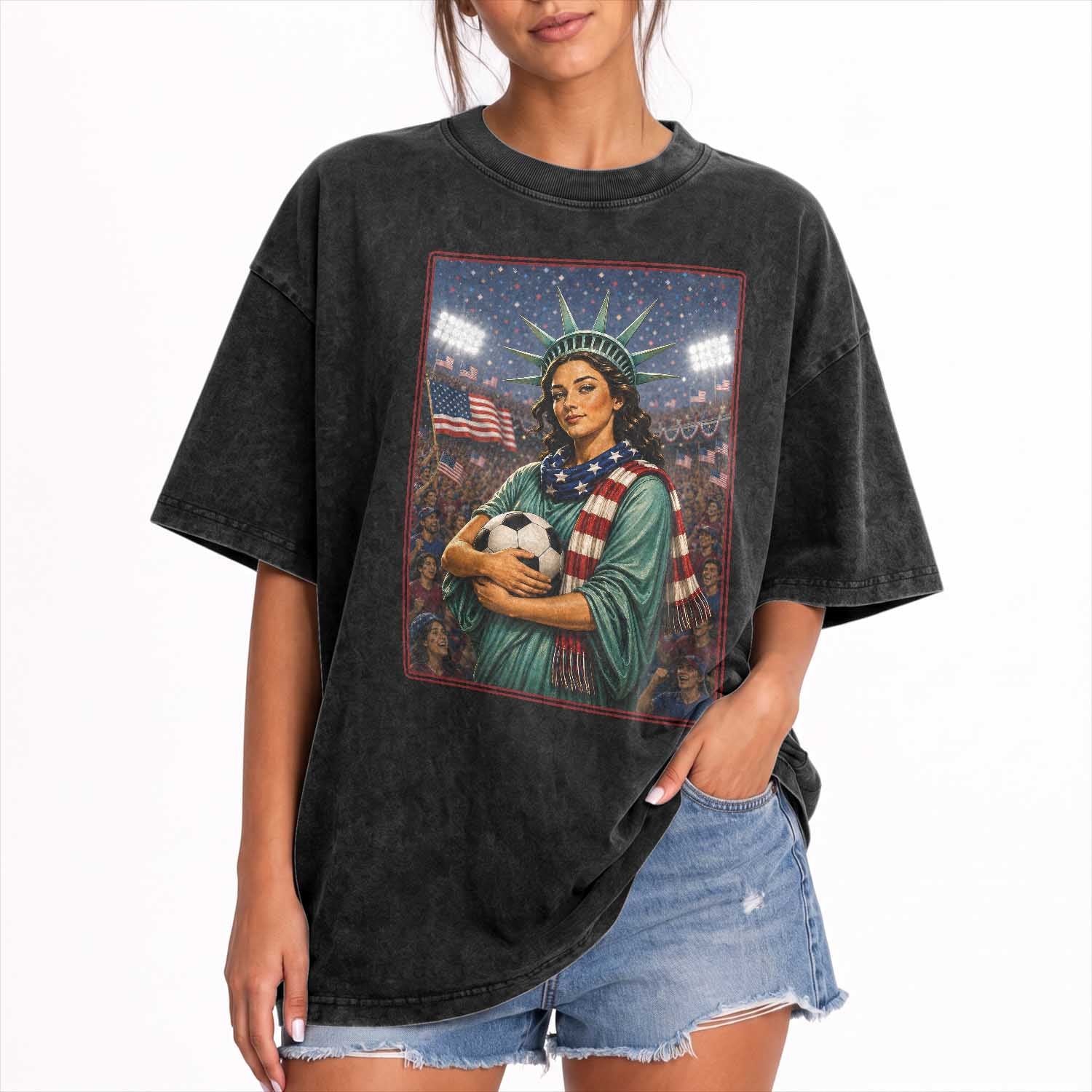 Funny Statue Of Liberty Soccer Gift Washed Cotton T-Shirt USA Football Pride