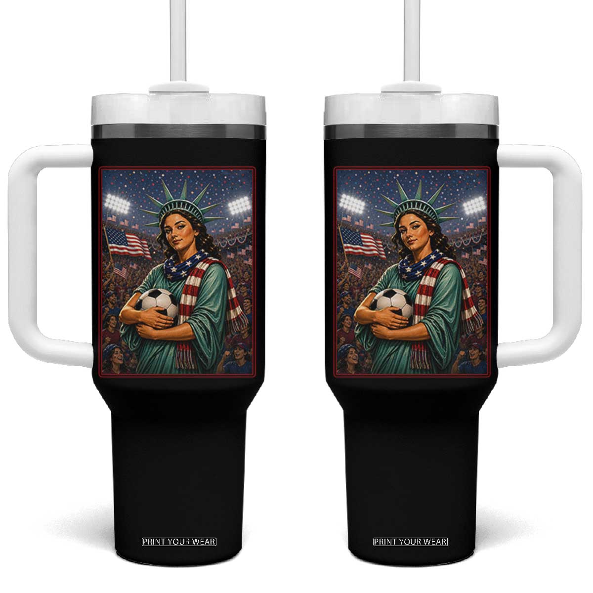 Funny Statue Of Liberty Soccer Gift Tumbler With Handle USA Football Pride TS12 One Size: 40 oz Black Print Your Wear