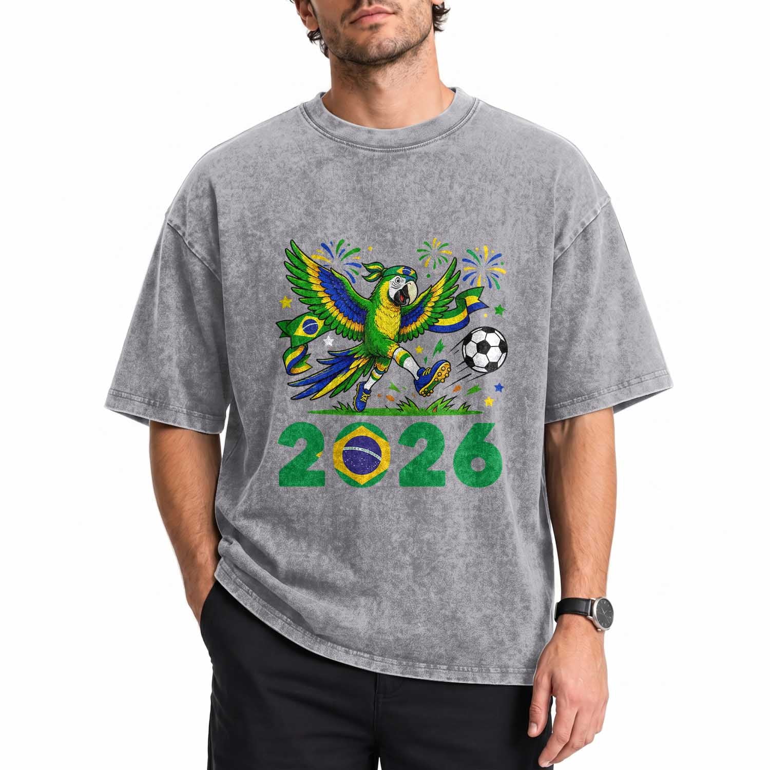 Funny Brazil Soccer Macaw Washed Cotton T-Shirt 2026 Football Fan Graphic