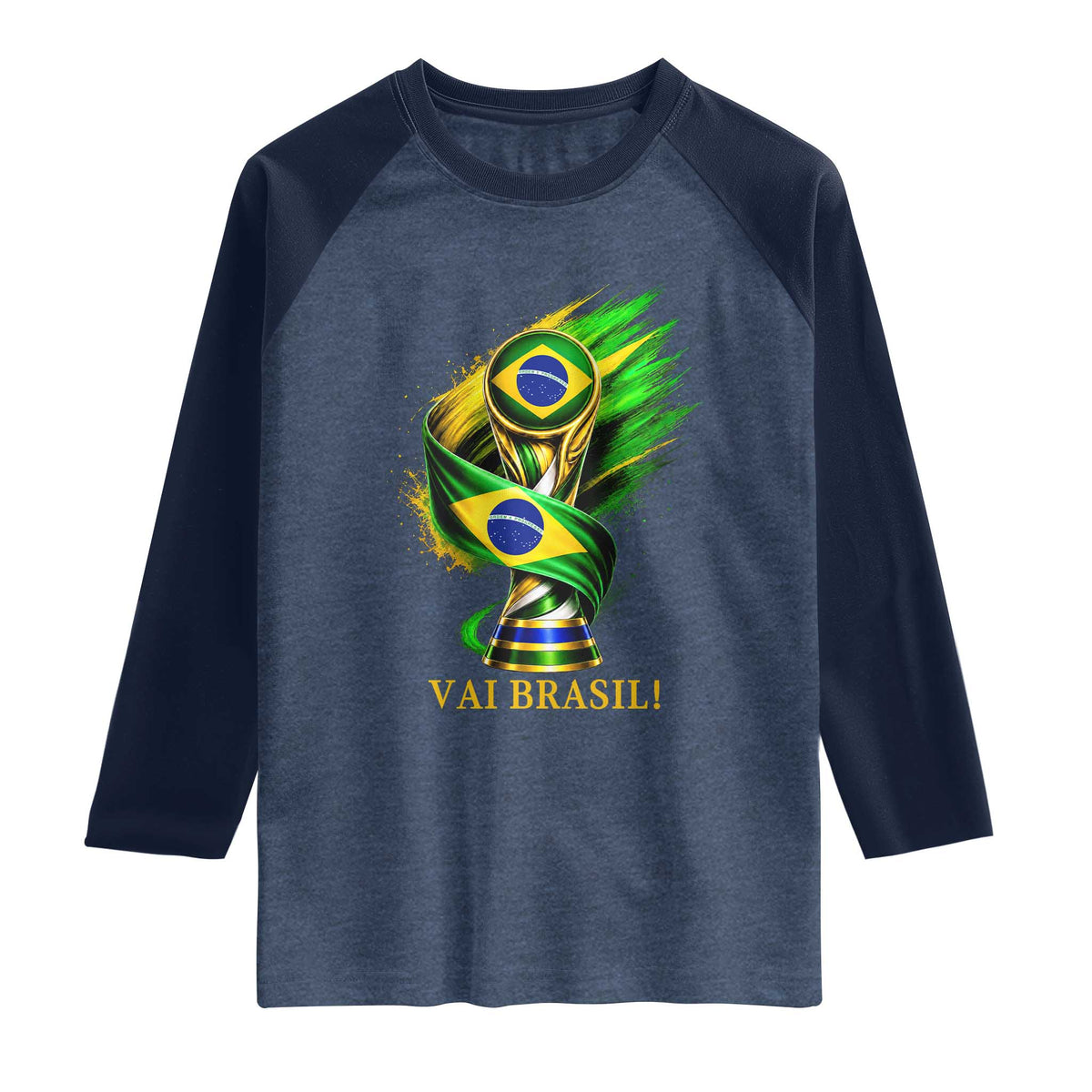 Brazil Soccer Fan 2026 Gift Raglan Shirt Vai Brasil TS12 Heather Denim Navy Print Your Wear