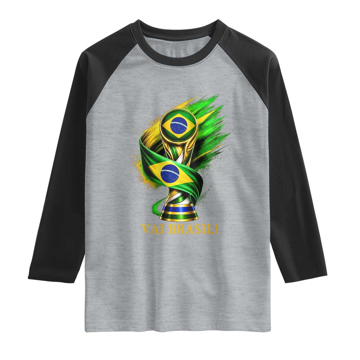 Brazil Soccer Fan 2026 Gift Raglan Shirt Vai Brasil TS12 Heather Gray Black Print Your Wear