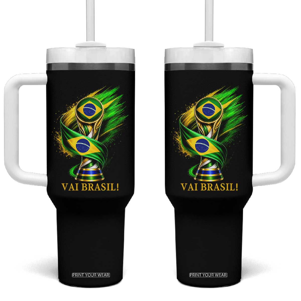 Brazil Soccer Fan 2026 Gift Tumbler With Handle Vai Brasil TS12 One Size: 40 oz Black Print Your Wear