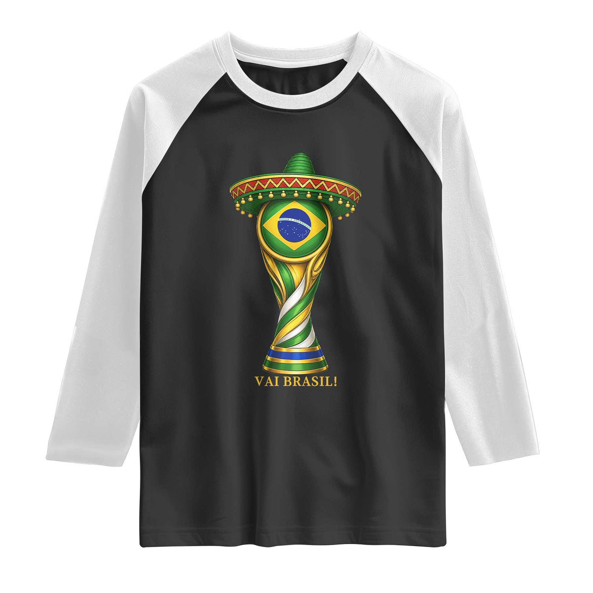 Brazil Football Supporter Gift Raglan Shirt Vai Brasil TS12 Black White Print Your Wear
