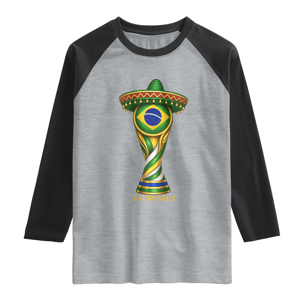 Brazil Football Supporter Gift Raglan Shirt Vai Brasil TS12 Heather Gray Black Print Your Wear