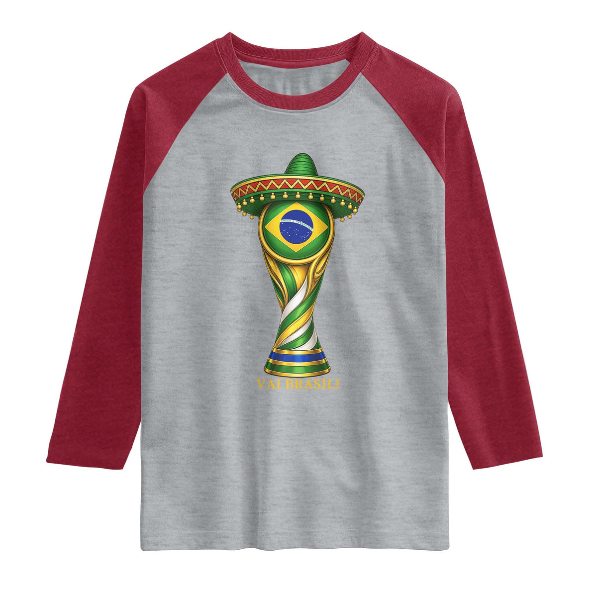 Brazil Football Supporter Gift Raglan Shirt Vai Brasil TS12 Heather Gray Heather Red Print Your Wear