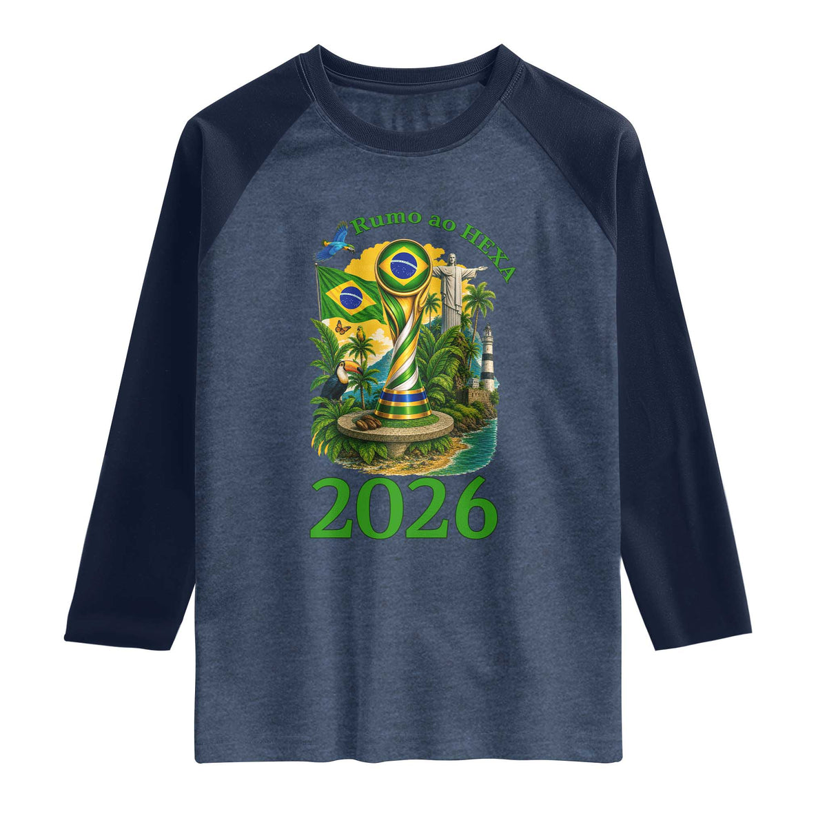Rumo Ao Hexa Raglan Shirt Brazil Soccer Fan 2026 Graphic TS12 Heather Denim Navy Print Your Wear