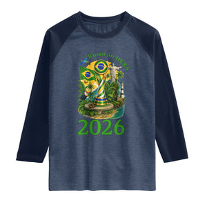 Rumo Ao Hexa Raglan Shirt Brazil Soccer Fan 2026 Graphic TS12 Heather Denim Navy Print Your Wear