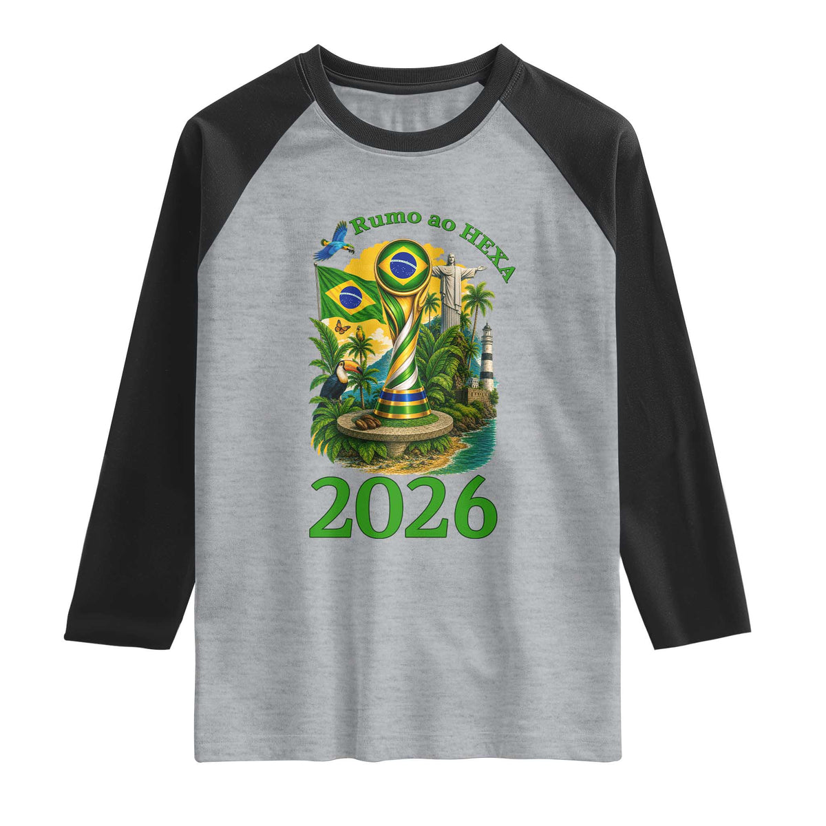 Rumo Ao Hexa Raglan Shirt Brazil Soccer Fan 2026 Graphic TS12 Heather Gray Black Print Your Wear