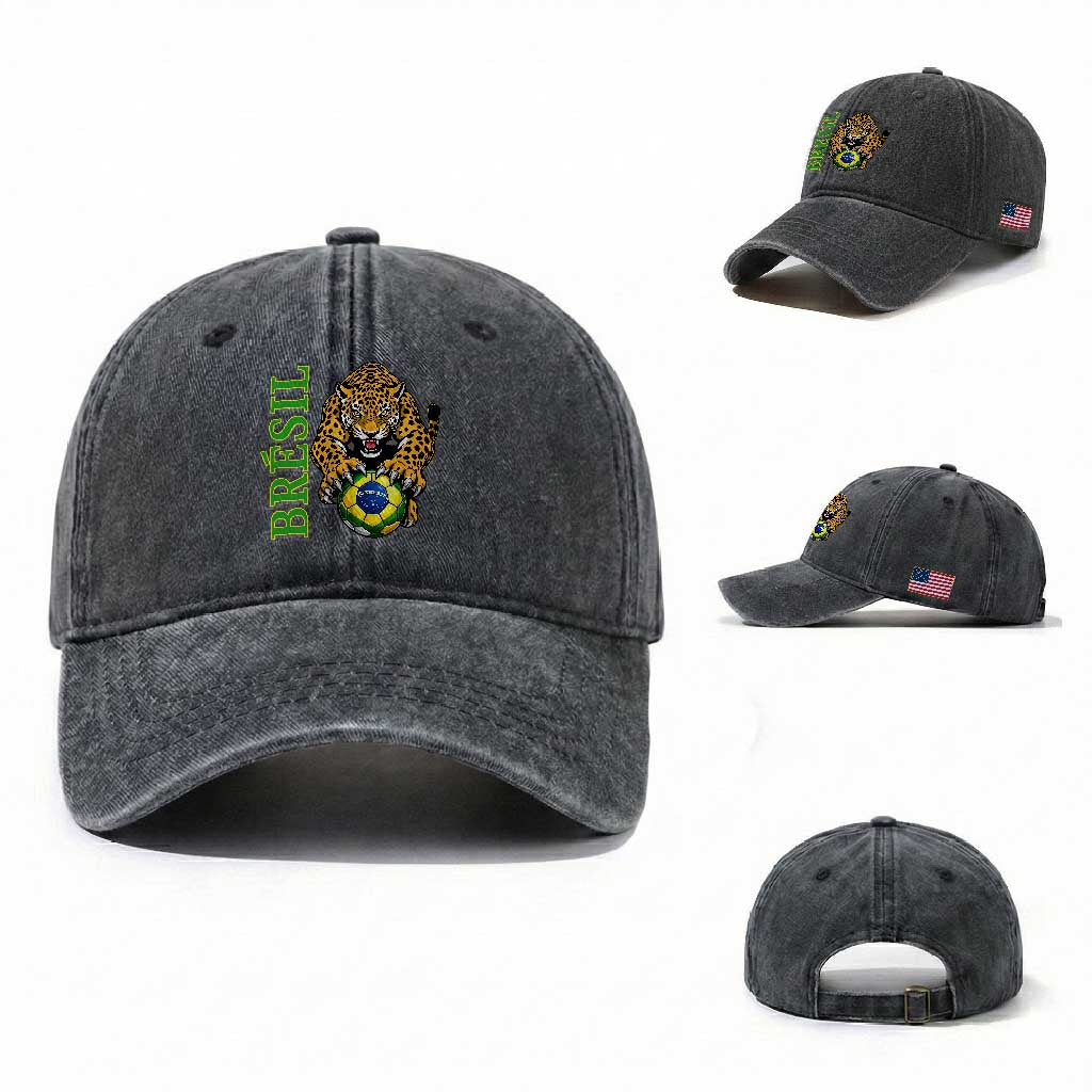 Brazil Soccer Jaguar Washed Cotton Baseball Cap Football Supporter Gift TS12 Washed Cap Universal Fit Dark Gray Print Your Wear
