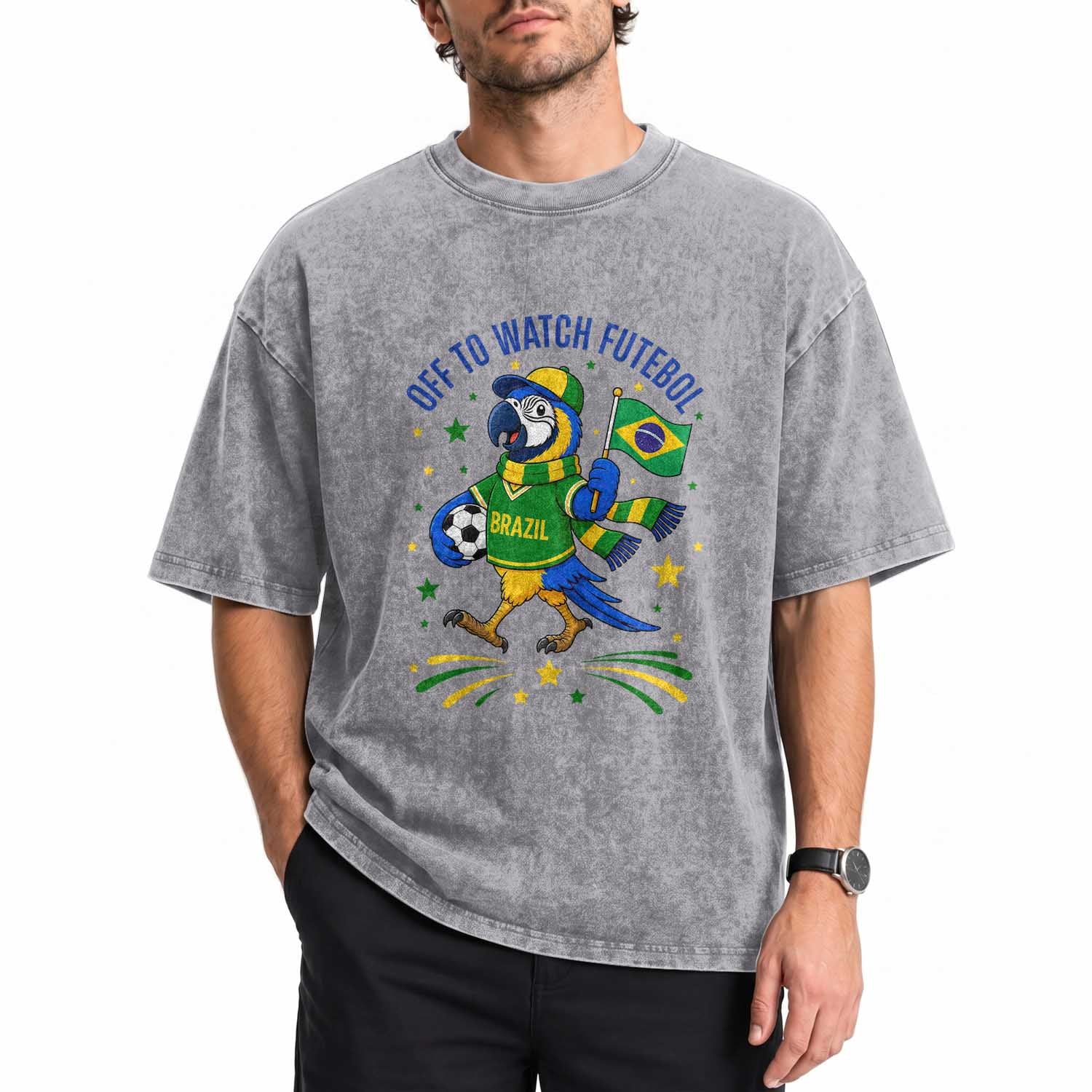 Off To Watch Futebol Washed Cotton T-Shirt Funny Brazil Macaw Soccer Fan