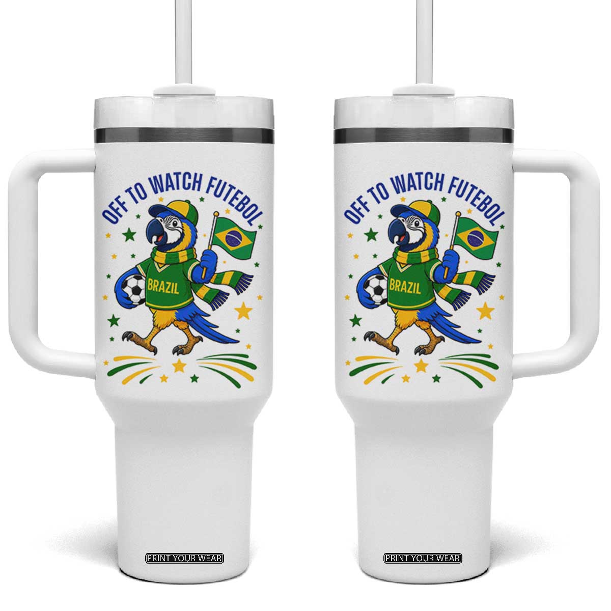 Off To Watch Futebol Tumbler With Handle Funny Brazil Macaw Soccer Fan TS12 One Size: 40 oz White Print Your Wear
