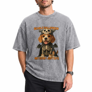 Beagle Halloween Skeleton Washed Cotton T-Shirt Not Scary Just Cute Dog Lover