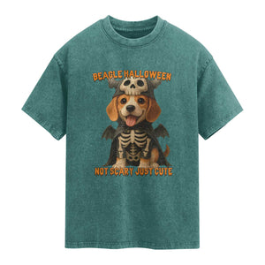 Beagle Halloween Skeleton Washed Cotton T-Shirt Not Scary Just Cute Dog Lover