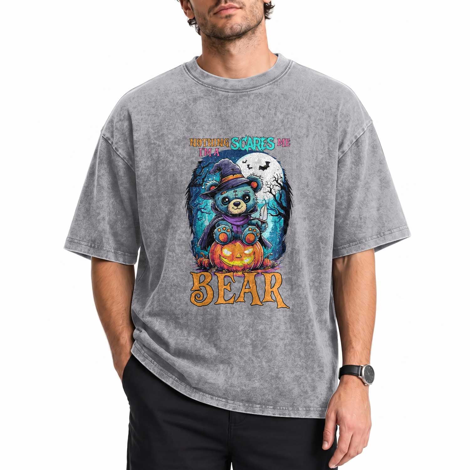 Halloween Killer Witch Teddy Bear Washed Cotton T-Shirt Nothing Scares Me