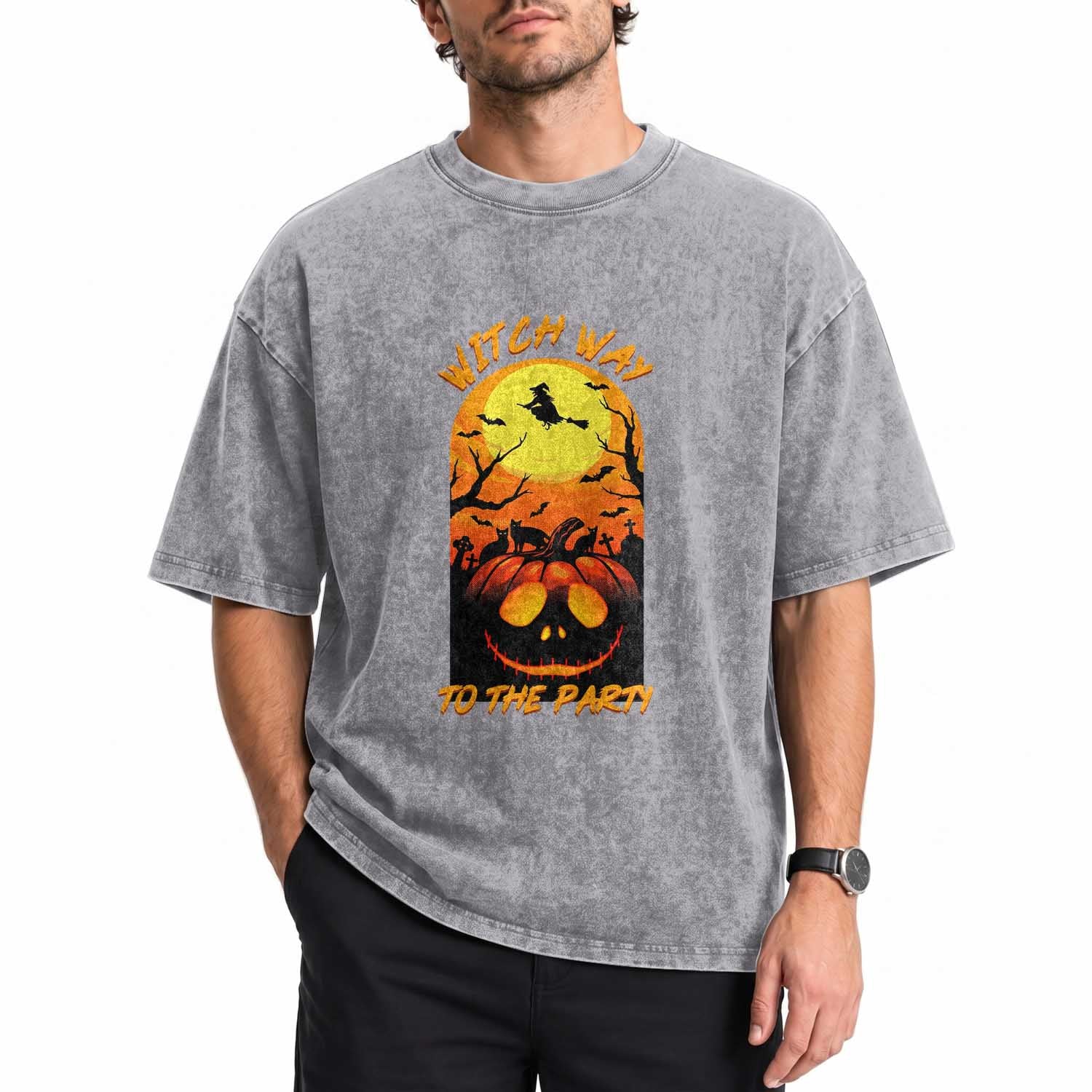 Halloween Witch Way To The Party Washed Cotton T-Shirt Black Cat Pumpkin