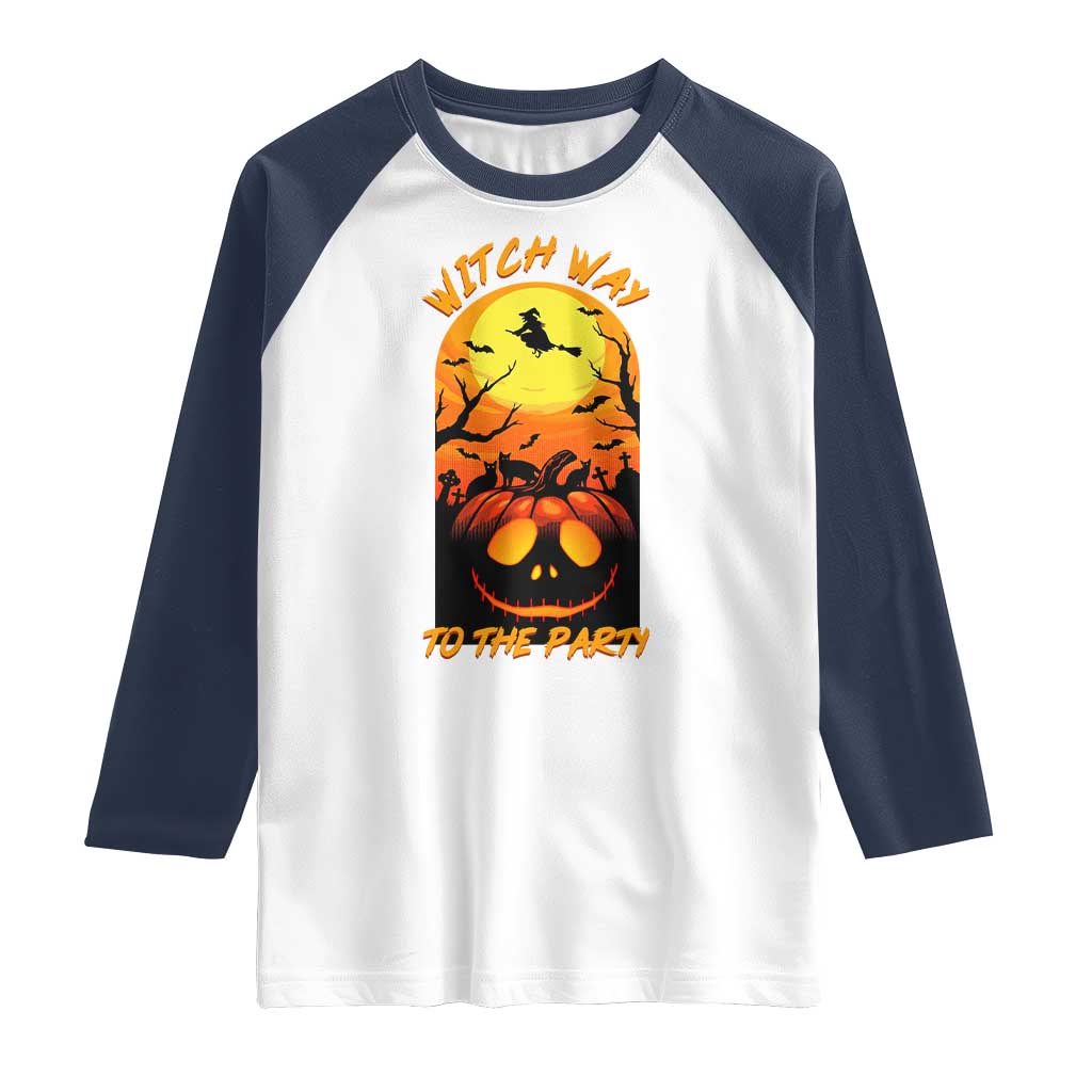 Halloween Witch Way To The Party Raglan Shirt Black Cat Pumpkin TS12 White Navy Print Your Wear