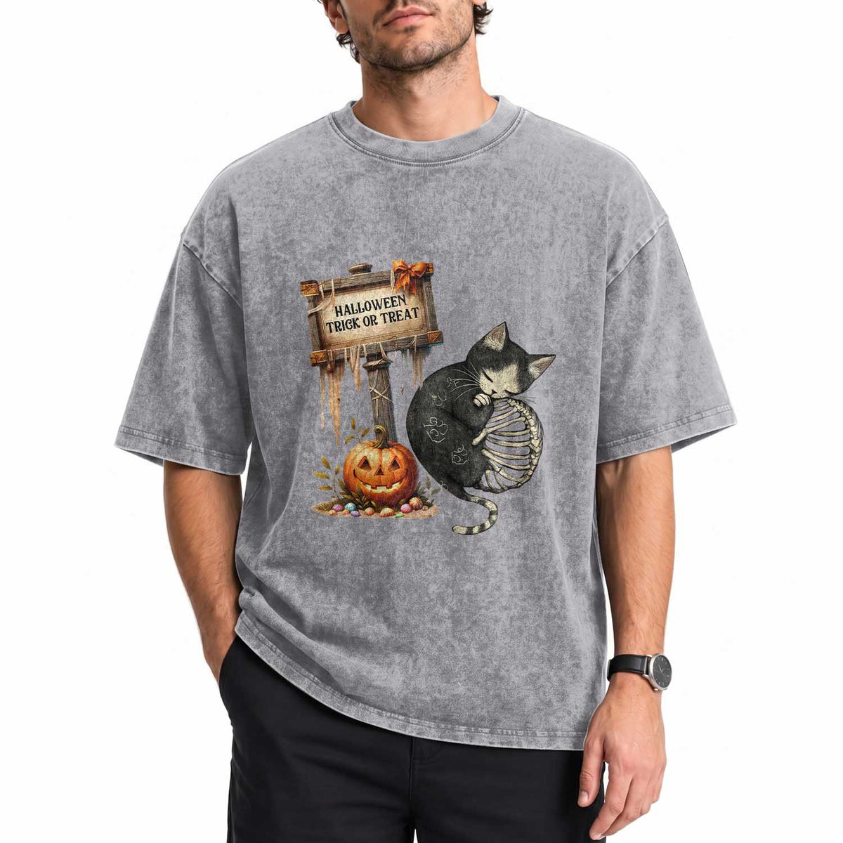 Halloween Trick Or Treat Black Cat Skeleton Washed Cotton T-Shirt