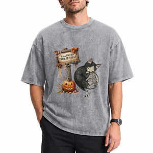 Halloween Trick Or Treat Black Cat Skeleton Washed Cotton T-Shirt