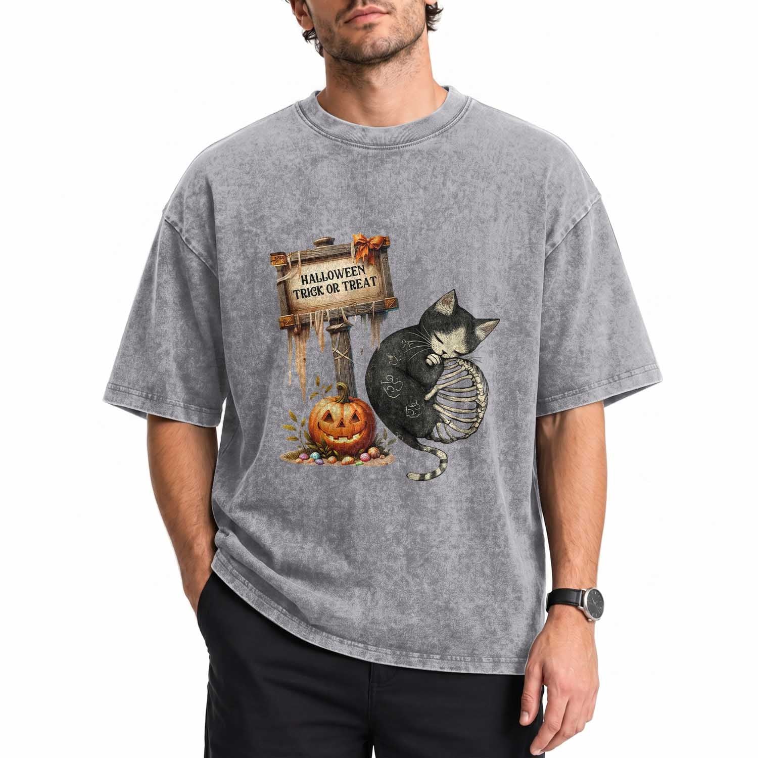 Halloween Trick Or Treat Black Cat Skeleton Washed Cotton T-Shirt