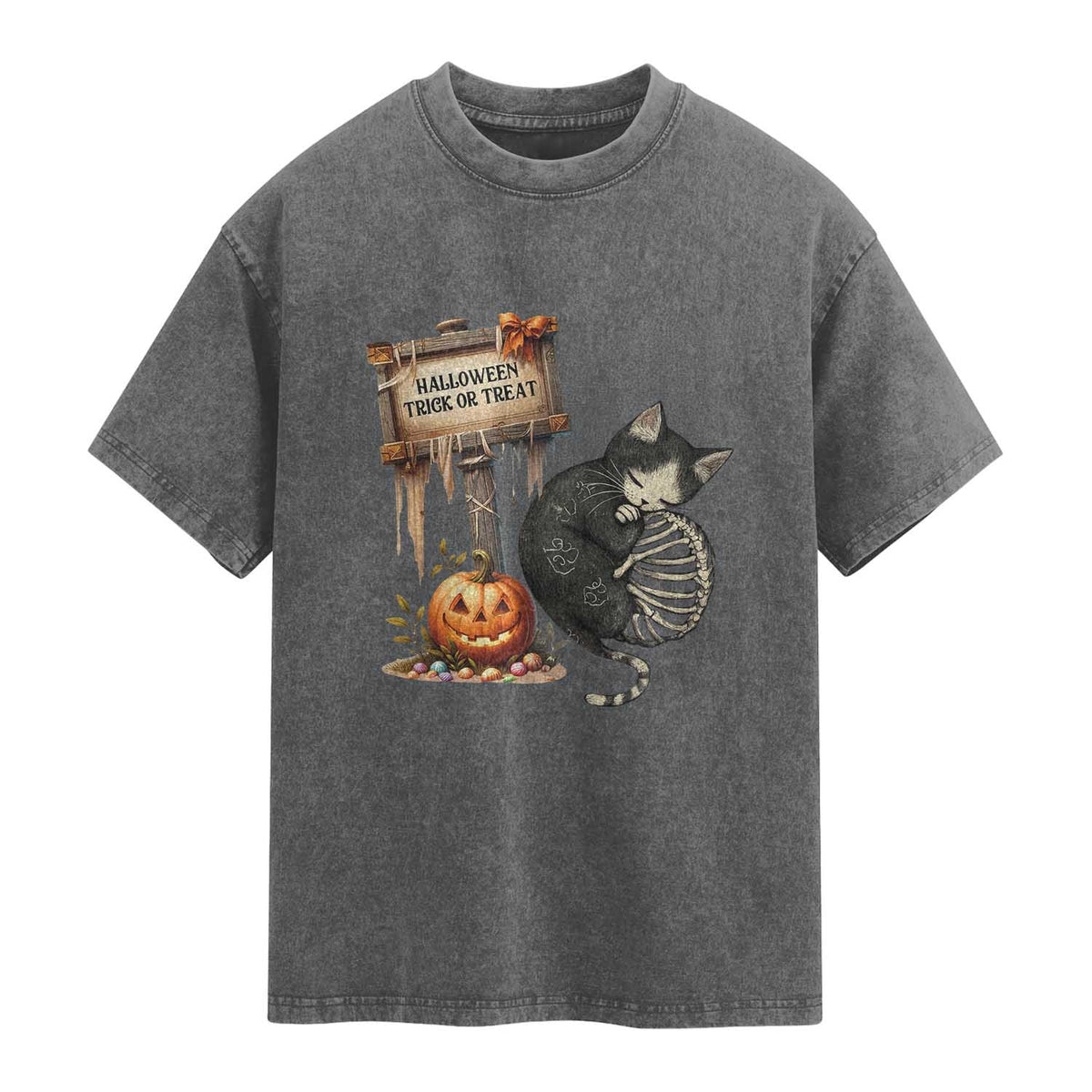 Halloween Trick Or Treat Black Cat Skeleton Washed Cotton T-Shirt