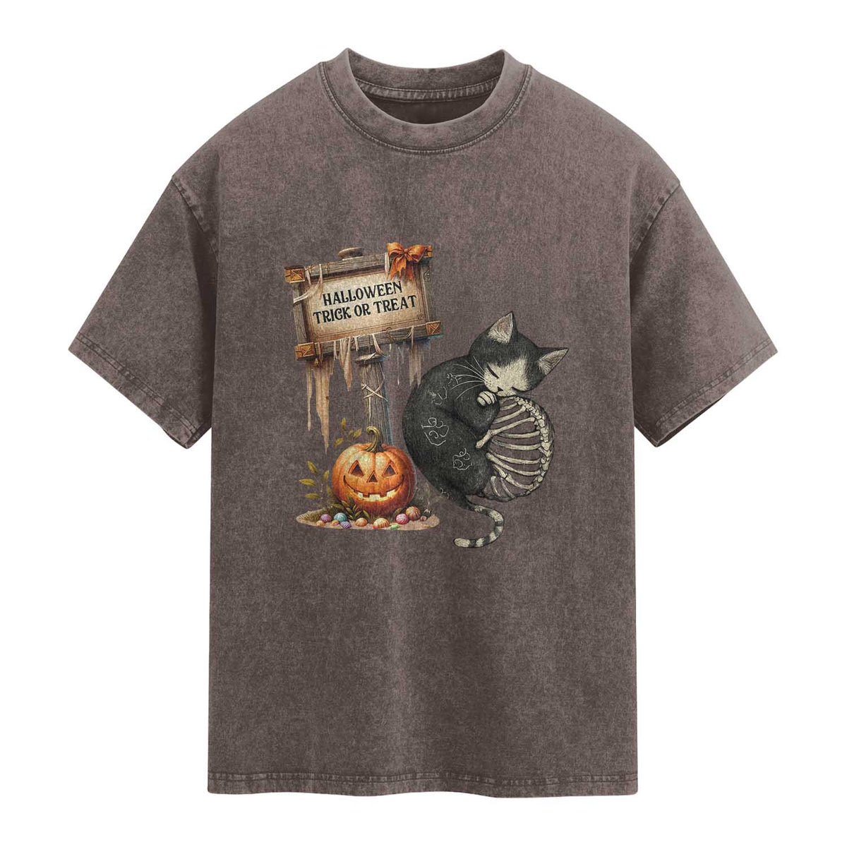 Halloween Trick Or Treat Black Cat Skeleton Washed Cotton T-Shirt