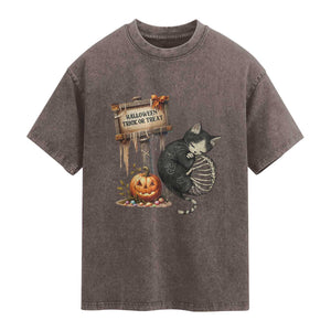 Halloween Trick Or Treat Black Cat Skeleton Washed Cotton T-Shirt