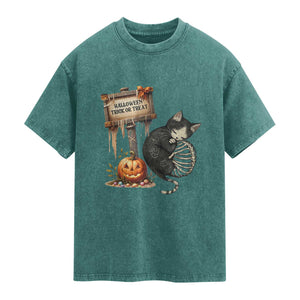 Halloween Trick Or Treat Black Cat Skeleton Washed Cotton T-Shirt