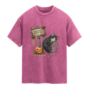 Halloween Trick Or Treat Black Cat Skeleton Washed Cotton T-Shirt