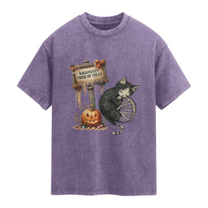 Halloween Trick Or Treat Black Cat Skeleton Washed Cotton T-Shirt