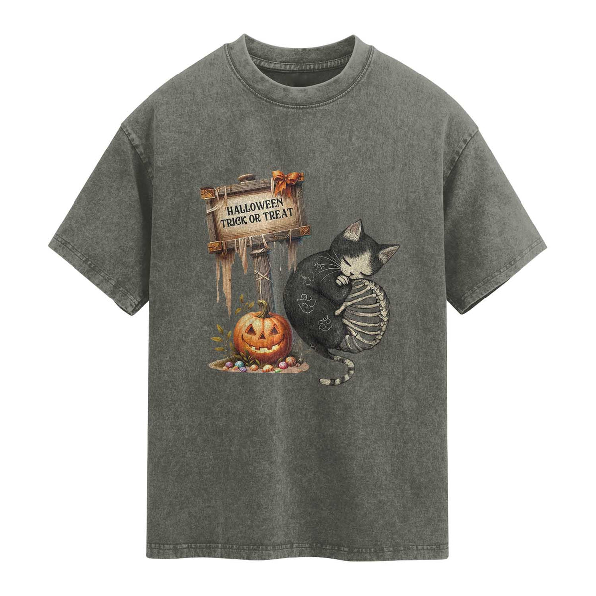 Halloween Trick Or Treat Black Cat Skeleton Washed Cotton T-Shirt