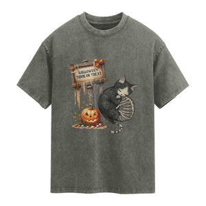 Halloween Trick Or Treat Black Cat Skeleton Washed Cotton T-Shirt