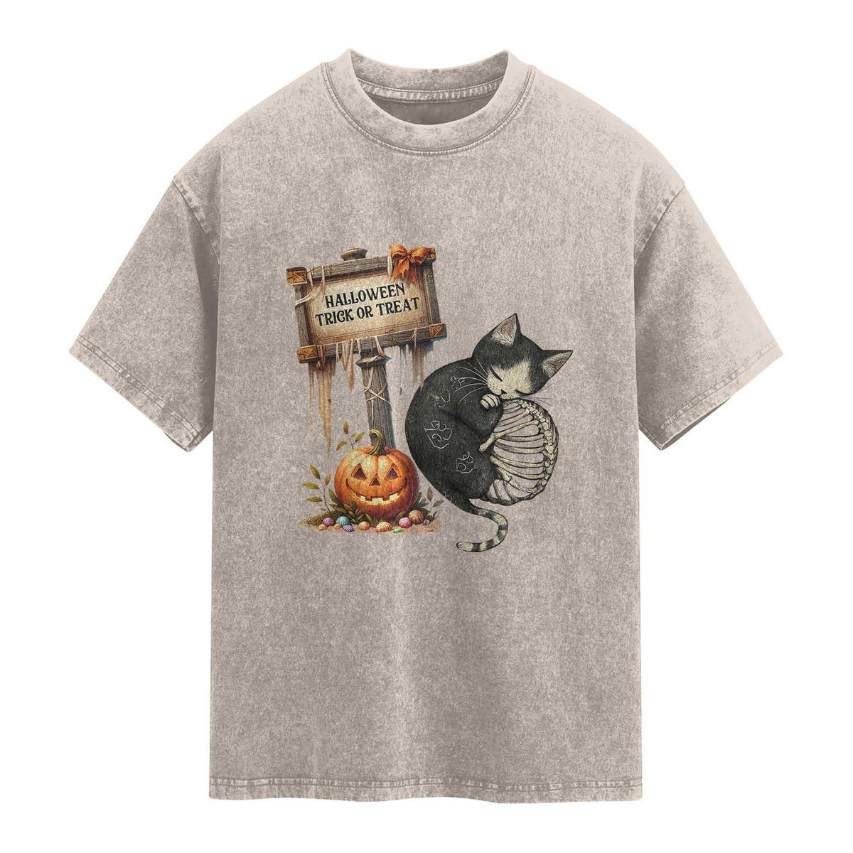 Halloween Trick Or Treat Black Cat Skeleton Washed Cotton T-Shirt