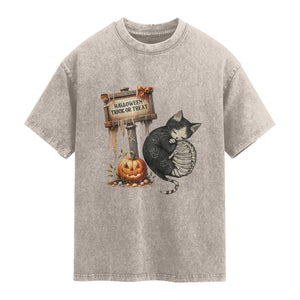 Halloween Trick Or Treat Black Cat Skeleton Washed Cotton T-Shirt