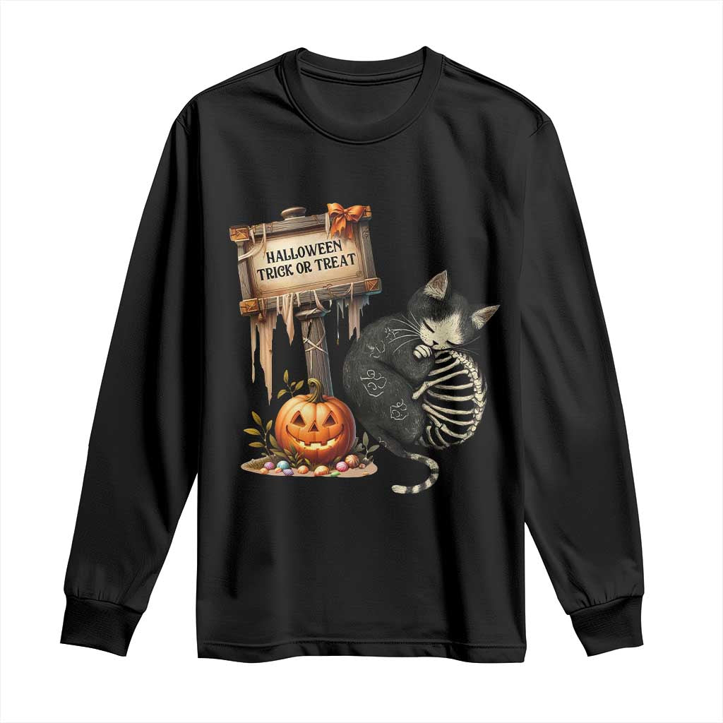 Halloween Trick Or Treat Black Cat Skeleton Long Sleeve Shirt TS12 Black Print Your Wear