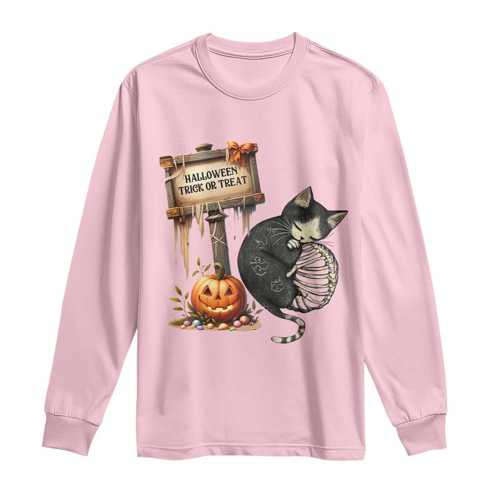 Halloween Trick Or Treat Black Cat Skeleton Long Sleeve Shirt TS12 Light Pink Print Your Wear