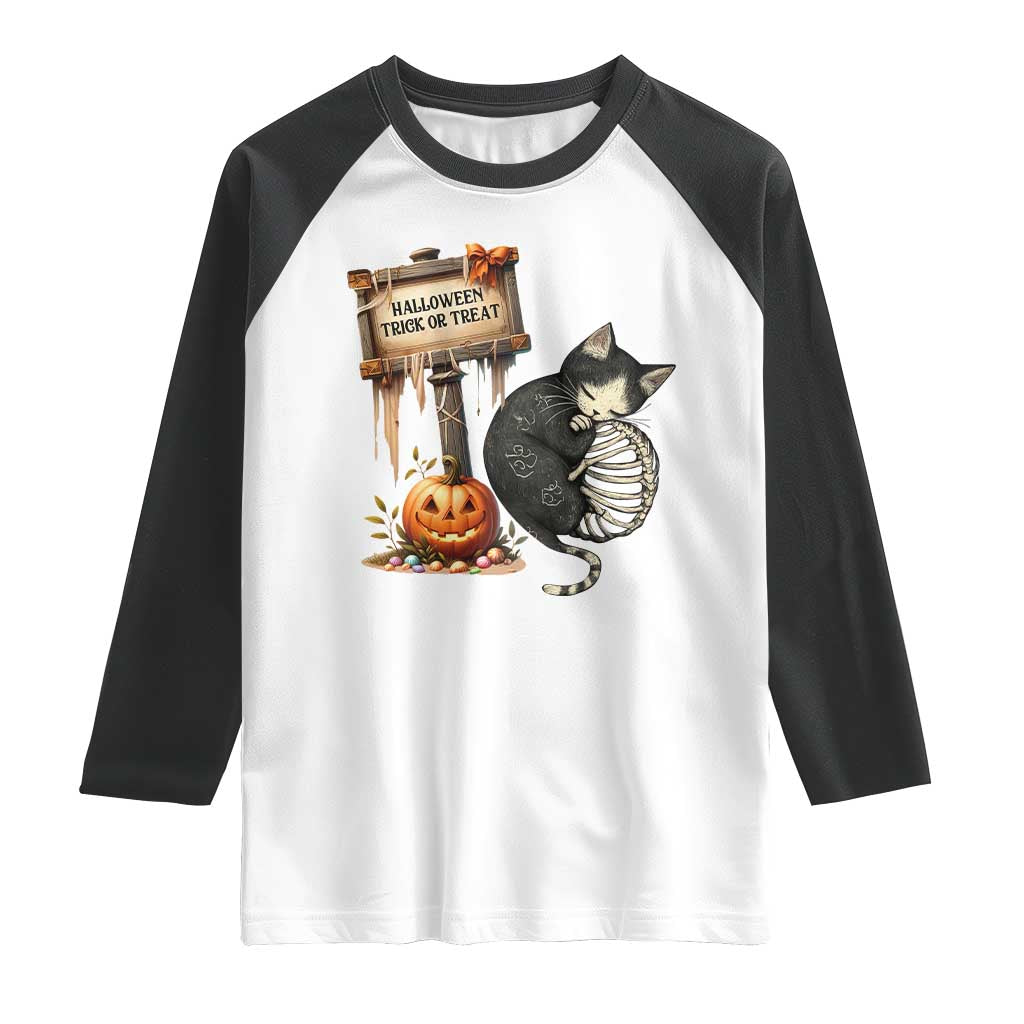 Halloween Trick Or Treat Black Cat Skeleton Halloween Raglan Shirt TS12 White Black Print Your Wear
