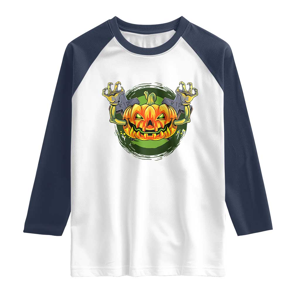 Funny Halloween Pumpkin Ghoul Raglan Shirt Scary Zombie Hands TS12 White Navy Print Your Wear