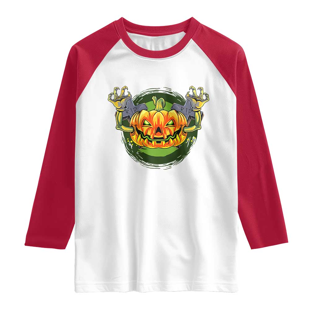 Funny Halloween Pumpkin Ghoul Raglan Shirt Scary Zombie Hands TS12 White Red Print Your Wear