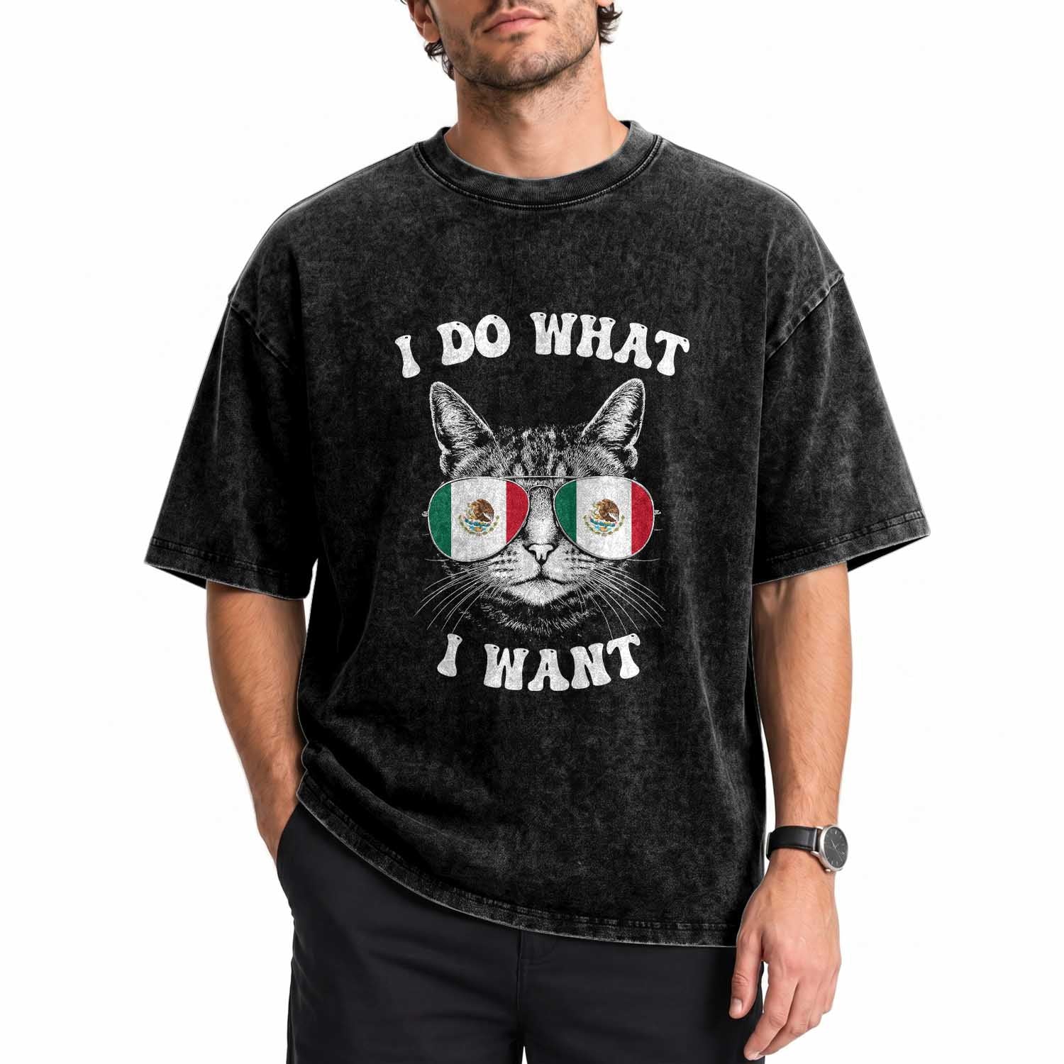 Mexican Cat Washed Cotton T-Shirt I Do What I Want Mexico Flag Sunglasses Funny