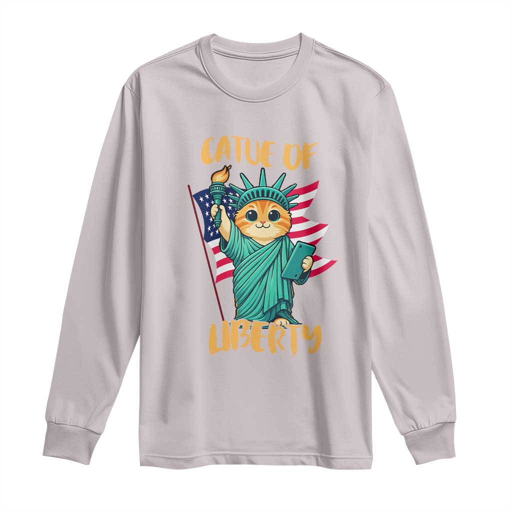 Cat Statue Of Liberty Long Sleeve Shirt Patriotic American Flag TS12 Ice Gray Print Your Wear