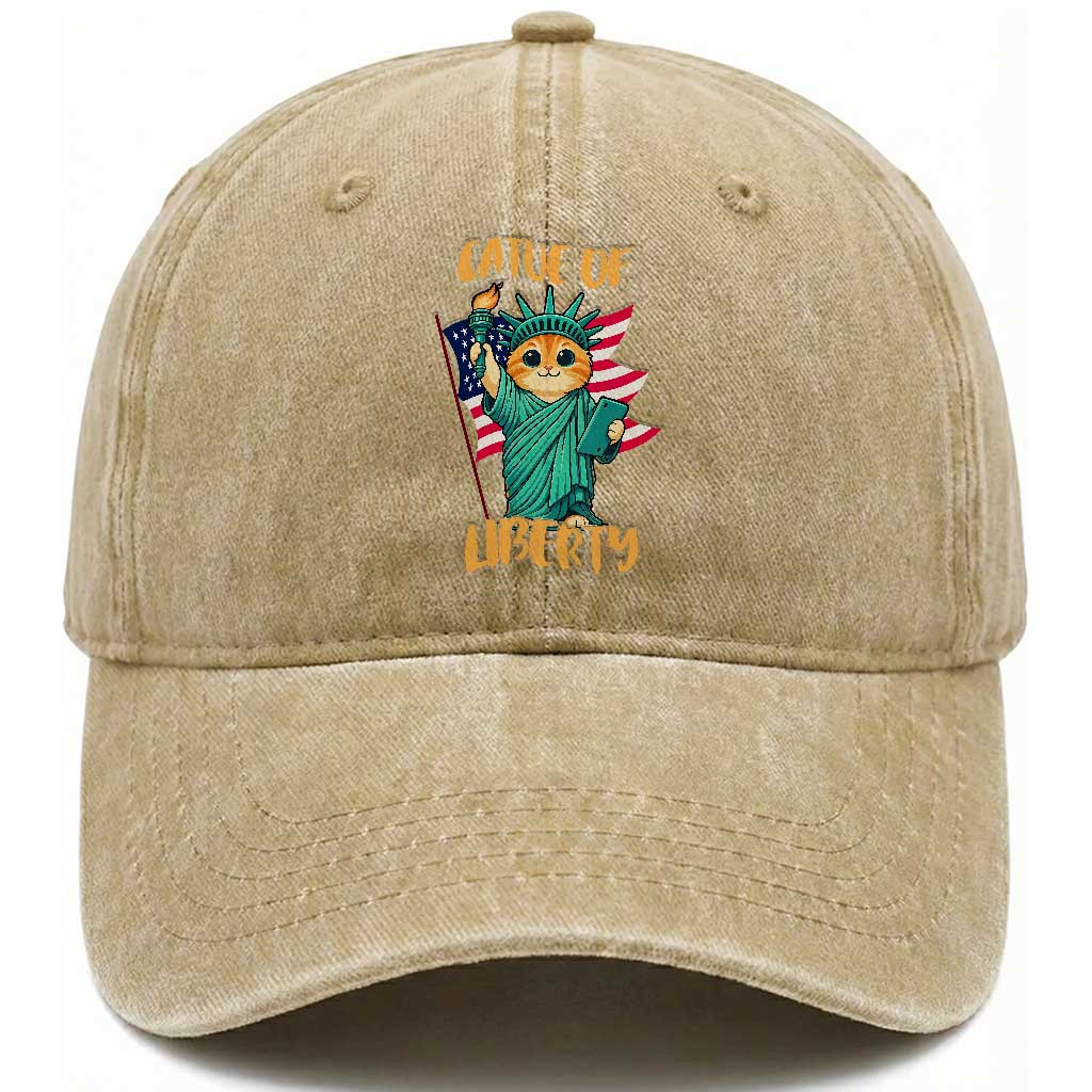 Cat Statue Of Liberty Washed Cotton Baseball Cap Patriotic American Flag TS12 Print Your Wear