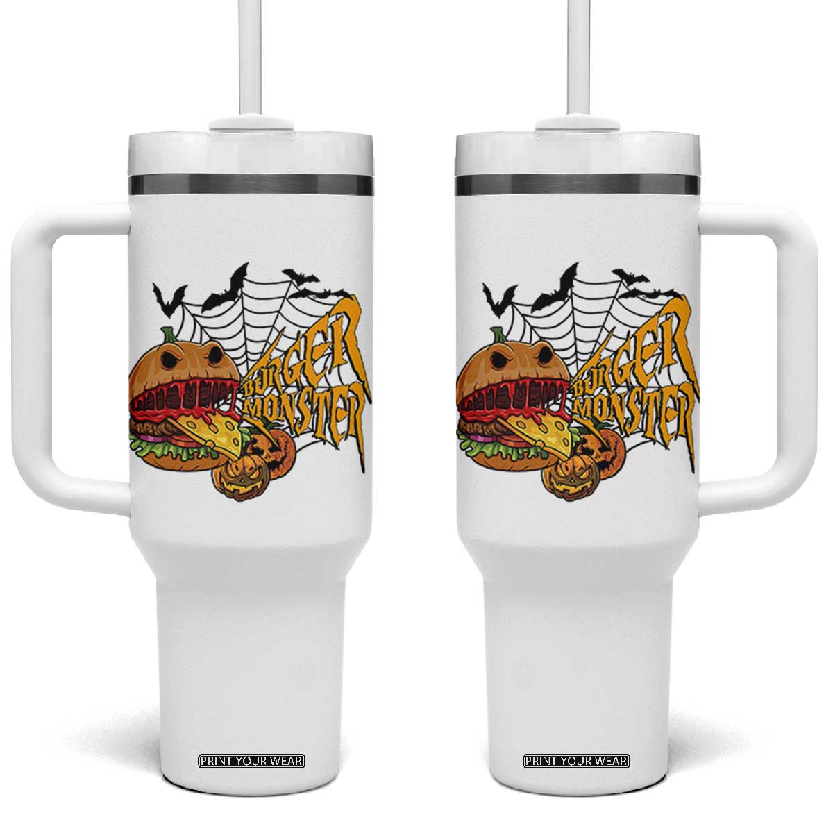 Halloween Burger Monster Tumbler With Handle Scary Foodies TS12 One Size: 40 oz White Print Your Wear