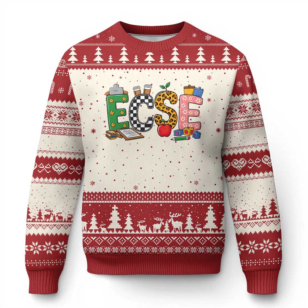 Early Childhood Special Education Teacher Ugly Christmas Sweater ECSE Life TS12 Beige Red Print Your Wear