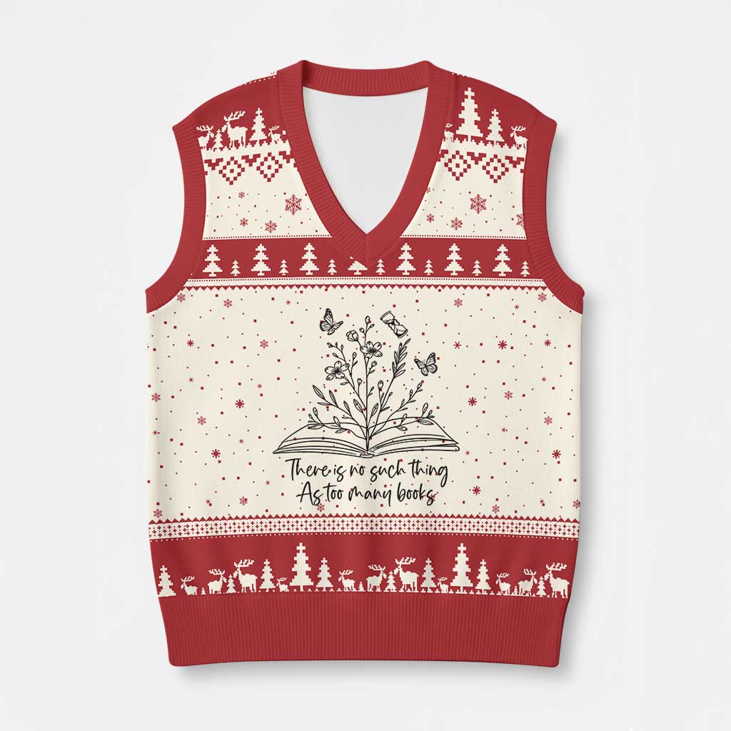 Floral Bookworm Reader V-Neck Knit Sweater Vest There Is No Such Thing As Too Many Books TS12 Beige Red Print Your Wear