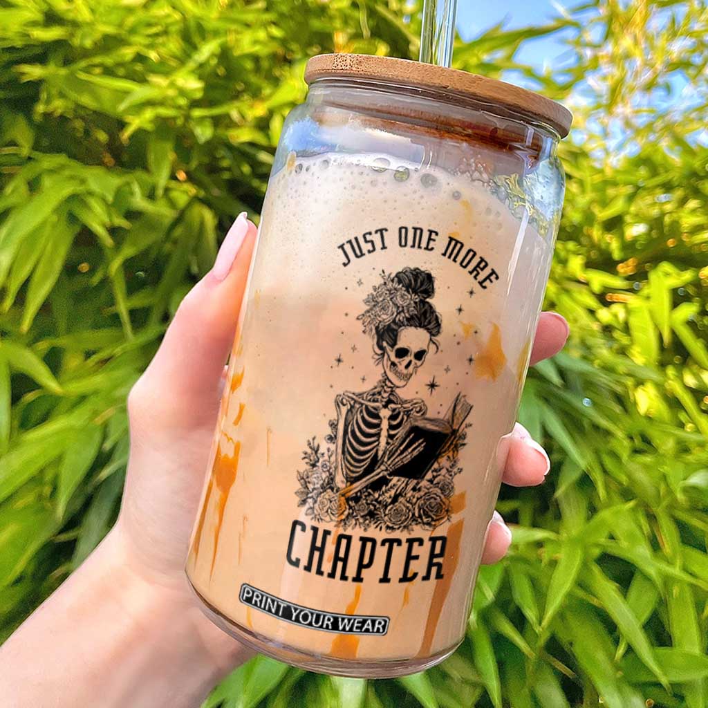 Funny Skeleton Book Lover Glass Can Just One More Chapter TS12 White Print Your Wear
